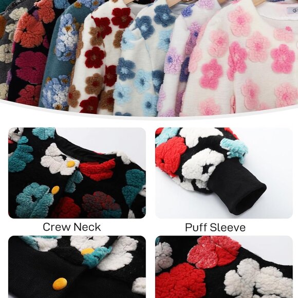 Women's Cropped Floral Print Bomber Jacket Warm Fleece Varsity Jacket Casual But - Picture 7 of 7